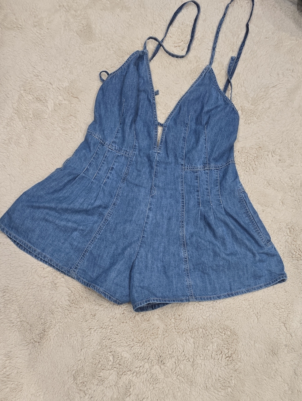 We The Free Blue Denim Spaghetti-Strap One-Piece Romper